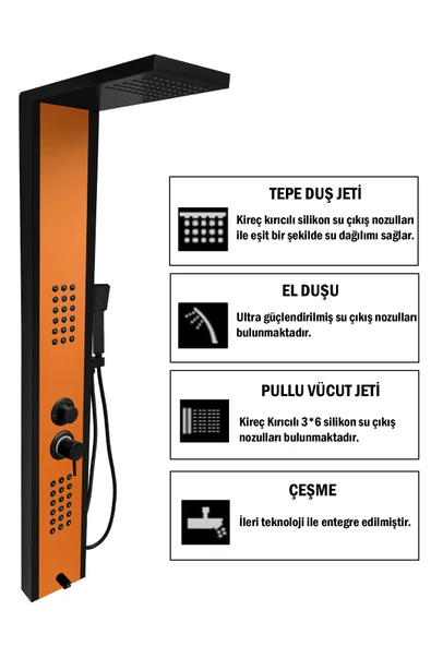 Flow Yapı Çift Renk (Siyah-Bakır) Premium Masajlı Duş Paneli - Dikey Jakuzi - Robot Duş - El Duşu - Lüx - 2