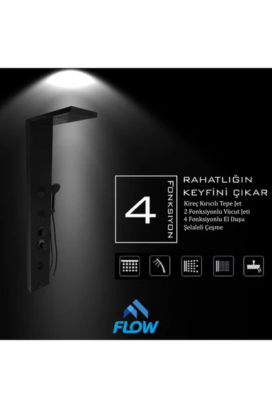 Flow Yapı Venüs Siyah Premium Masajlı Duş Paneli - Dikey Jakuzi - Robot Duş - El Duşu - Lüx Duş - 5