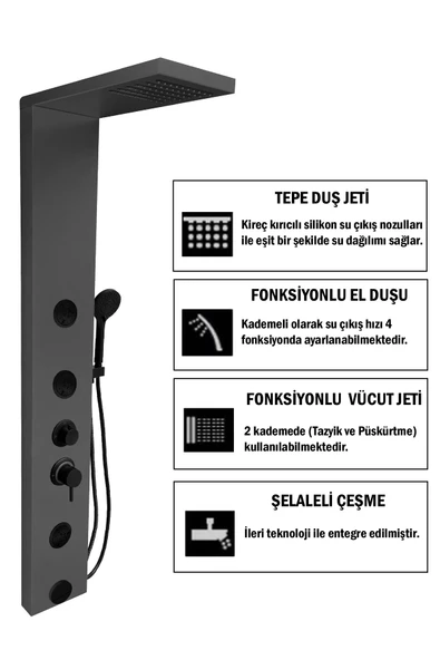 Flow Yapı Venüs Metalik Füme Premium Masajlı Duş Paneli - Dikey Jakuzi - Robot Duş - El Duşu - Lüx Duş - 2