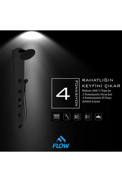 Flow Yapı Stella Siyah Premium Masajlı Duş Paneli - Dikey Jakuzi - Robot Duş - El Duşu - Lüx Duş - 4