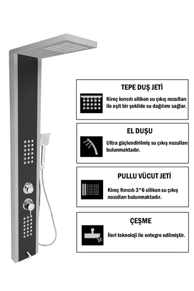 Flow Yapı Çift Renk (Silver Gri-Antrasit Gri) Masajlı Duş Paneli - Dikey Jakuzi - Robot Duş - El Duşu - Lüx - 2