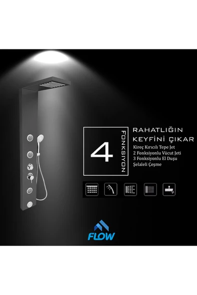 Flow Yapı Venüs Metalik Füme Masajlı Duş Paneli - Dikey Jakuzi - Robot Duş - El Duşu - Lüx Duş - 4