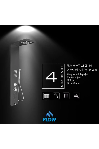 Flow Yapı Victoria Metalik Füme Masajlı Duş Paneli - Dikey Jakuzi - Robot Duş - El Duşu - Lüx Duş - 4