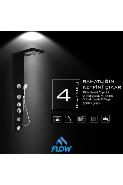 Flow Yapı Venüs Siyah  Masajlı Duş Paneli - Dikey Jakuzi - Robot Duş - El Duşu - Lüx Duş - 5