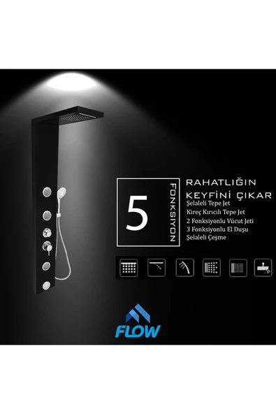 Flow Yapı Venüs Siyah Şelaleli  Masajlı Duş Paneli - Dikey Jakuzi - Robot Duş - El Duşu - Lüx Duş - 4