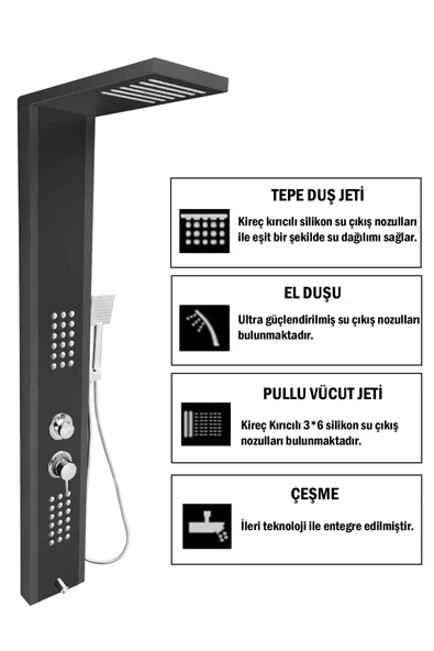 Flow Yapı Çift Renk (Metalik Füme-Antrasit Gri) Masajlı Duş Paneli - Dikey Jakuzi - Robot Duş - El Duşu - Lüx - 2