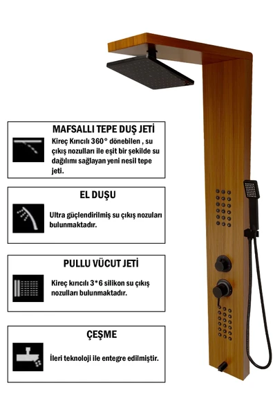 Flow Yapı Victoria Teak Ağacı Desenli Premium Lena  Masajlı Duş Paneli - Dikey Jakuzi - Robot Duş - El Duşu - 3