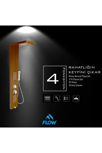 Flow Yapı Victoria Teak Ağacı Desenli Masajlı Duş Paneli - Dikey Jakuzi - Robot Duş - El Duşu - Lüx Duş - 3
