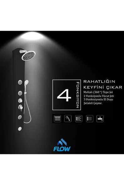 Flow Yapı Stella Siyah Masajlı Duş Paneli - Dikey Jakuzi - Robot Duş - El Duşu - Lüx Duş - 4