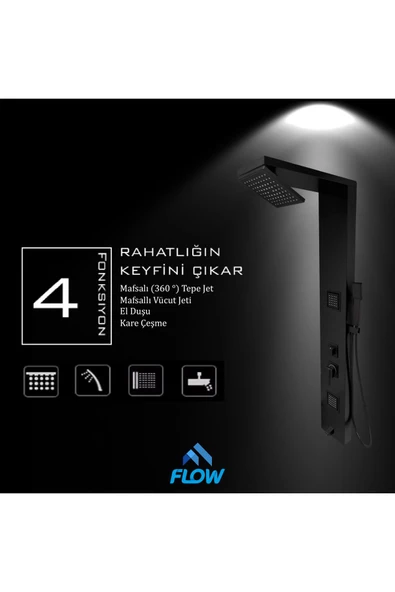 Flow Yapı Atlas Siyah Premium Lena Masajlı Duş Paneli - Dikey Jakuzi - Robot Duş - El Duşu - Lüx Duş - 5