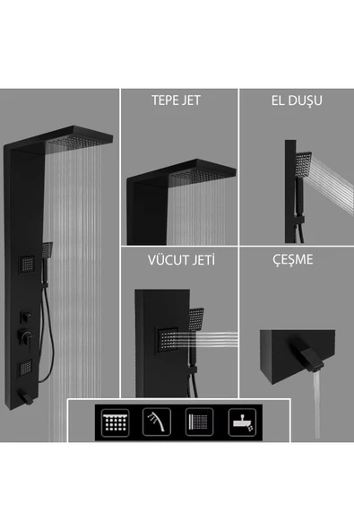 Flow Yapı Atlas Siyah Premium Masajlı Duş Paneli - Dikey Jakuzi - Robot Duş - El Duşu - Lüx Duş - 4