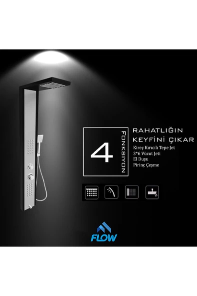 Flow Yapı Çift Renk (Siyah-Silver Gri) Masajlı Duş Paneli - Dikey Jakuzi - Robot Duş - El Duşu - Lüx - 4