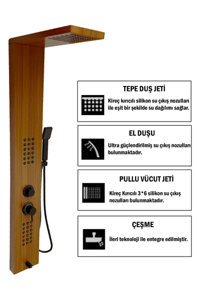 Flow Yapı Victoria Teak Ağacı Desenli Premium Masajlı Duş Paneli - Dikey Jakuzi - Robot Duş - El Duşu - Lüx - 2