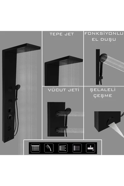 Flow Yapı Venüs Siyah Premium Masajlı Duş Paneli - Dikey Jakuzi - Robot Duş - El Duşu - Lüx Duş - 4