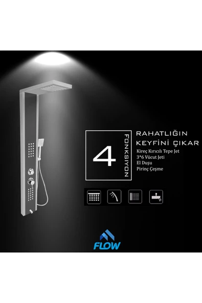 Flow Yapı Çift Renk (Silver Gri-Metalik Füme)  Masajlı Duş Paneli - Dikey Jakuzi - Robot Duş - El Duşu - Lüx - 4