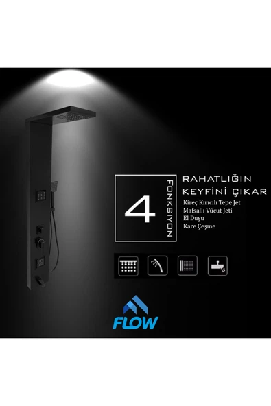Flow Yapı Atlas Siyah Premium Masajlı Duş Paneli - Dikey Jakuzi - Robot Duş - El Duşu - Lüx Duş - 5