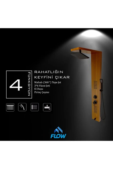 Flow Yapı Victoria Teak Ağacı Desenli Premium Lena  Masajlı Duş Paneli - Dikey Jakuzi - Robot Duş - El Duşu - 4