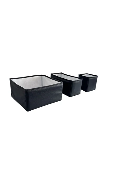 Vip Home Concept Market Ürünleri  3'lü Çekmece İçi Çamaşır Düzenleyici Çocuk Odası Katlanır Saklama Kutusu Organizer Set-SİYAH DERİ