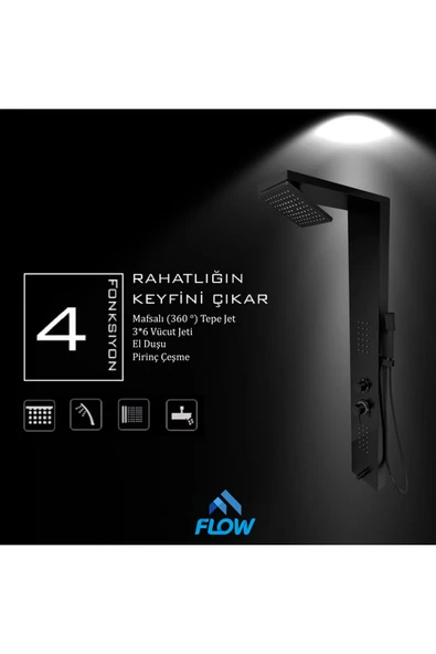 Flow Yapı Victoria Siyah Premium Lena Masajlı Duş Paneli - Dikey Jakuzi - Robot Duş - El Duşu - Lüx Duş - 5