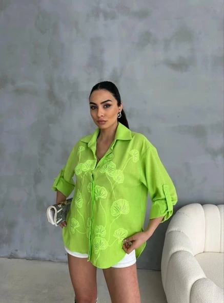 NAKIŞLI HAM KETEN GÖMLEK - Yeşil - 4