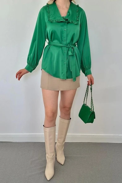 Yeşil Yakası Fırfırlı Kuşaklı Saten Gömlek - Resim 3