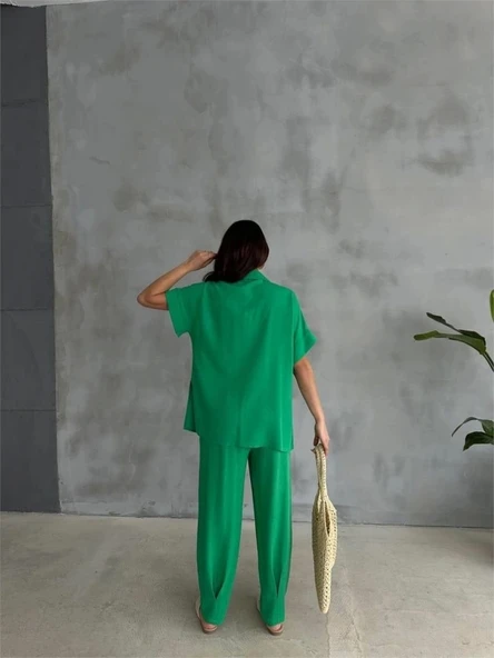 OMUZ MİDYE SIRALI BLUZ - PAÇA PENSLİ PANTOLON TAKIM - Yeşil - 4