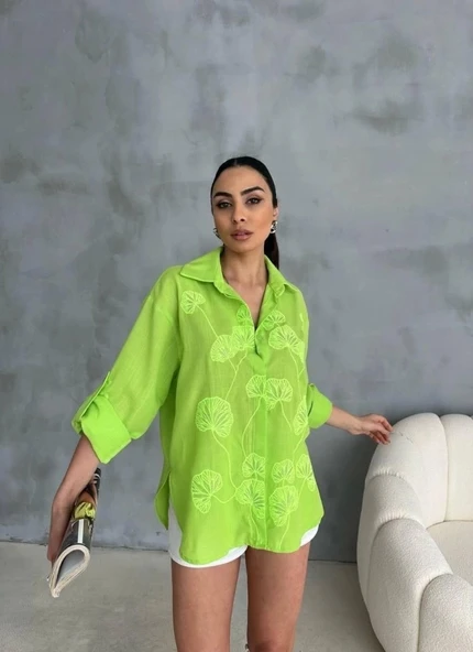 NAKIŞLI HAM KETEN GÖMLEK - Yeşil