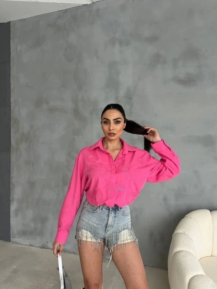 NAKIŞLI HAM KETEN GÖMLEK - Pembe