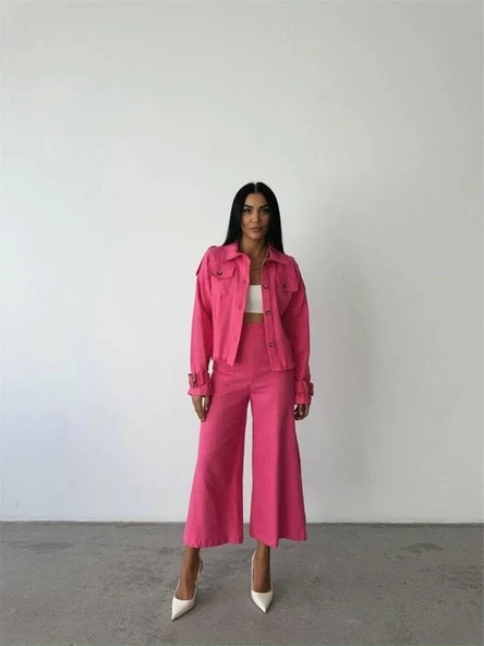 KETEN PÜSKÜL DETAYLI GÖMLEK-PANTOLON TAKIM - Fuşya