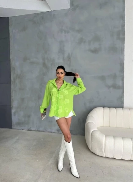 NAKIŞLI HAM KETEN GÖMLEK - Yeşil - 3