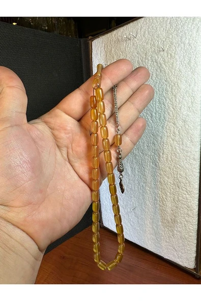 ATEŞ KEHRİBAR TESBİH SARI RENKLİ KAPSÜL KESİM HEDİYE 7MM X 11MM T-279