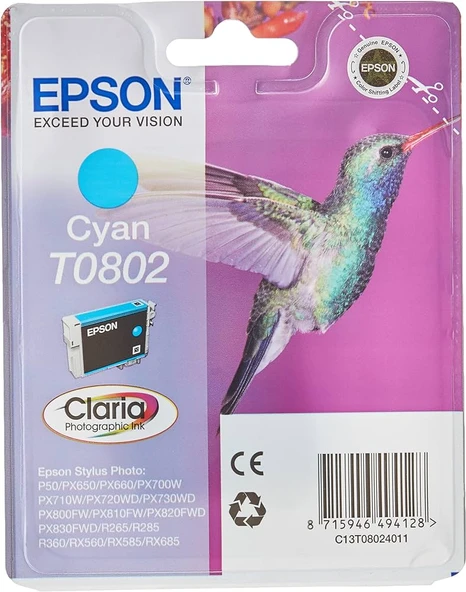 EPSON TO802 MAVİ KARTUŞ KUTUSUZ orjinal ürün