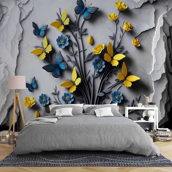 Sarı ve Lacivert Kelebek Duvar Kağıdı Baskı - Resim 2