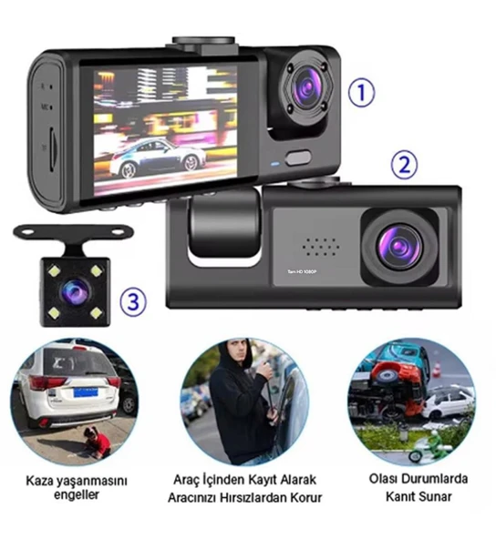 1080P DVR 3 Adet Ön Arka iç Geniş Açılı Sürüş Kaydedici 2 İnç Ekranlı Gece Görüşlü Araç Kamerası - 4