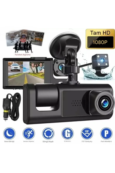 1080P DVR 3 Adet Ön Arka iç Geniş Açılı Sürüş Kaydedici 2 İnç Ekranlı Gece Görüşlü Araç Kamerası - 2