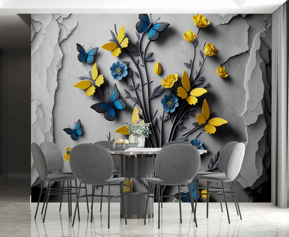 Sarı ve Lacivert Kelebek Duvar Kağıdı Baskı - Resim 5