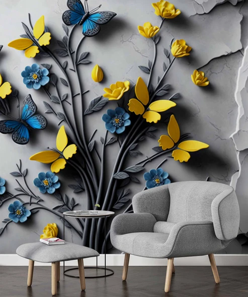 Sarı ve Lacivert Kelebek Duvar Kağıdı Baskı - Resim 6