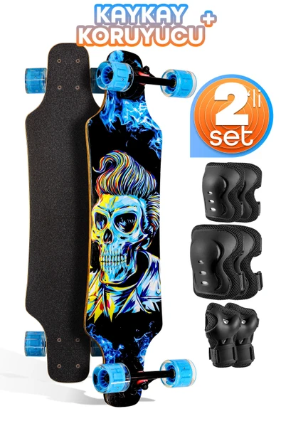 Kaykay + Koruyucu Set Silikon Teker Diz Dirsek El Koruma Seti Skeleton Model Zımparalı Skateboard