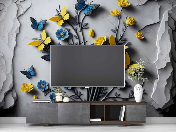 Sarı ve Lacivert Kelebek Duvar Kağıdı Baskı - Resim 3