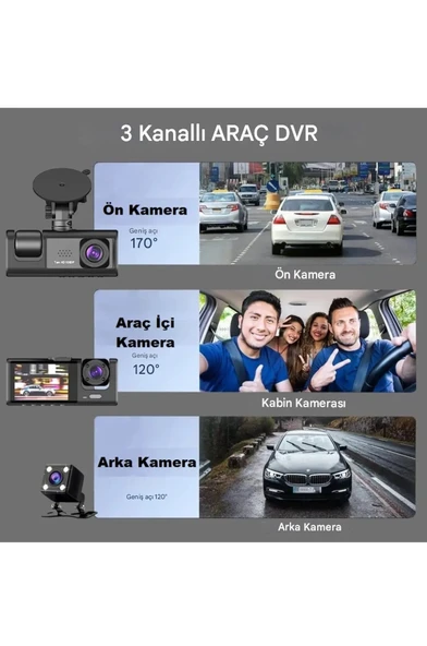 1080P DVR 3 Adet Ön Arka iç Geniş Açılı Sürüş Kaydedici 2 İnç Ekranlı Gece Görüşlü Araç Kamerası - 3