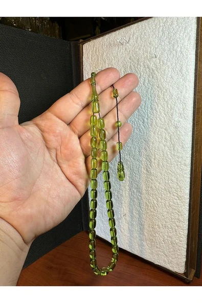 ATEŞ KEHRİBAR TESBİH YEŞİL RENKLİ 7MMX11MM BEYZİ KESİM HEDİYE T-274