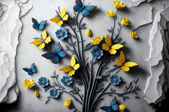 Sarı ve Lacivert Kelebek Duvar Kağıdı Baskı - Resim 7