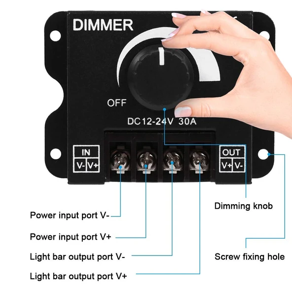 Dimmer DC 12V-24V 30A LED ışık bandı regülatörü LED şeritler için ışık kontrolü siyah karartma cihaz - 4