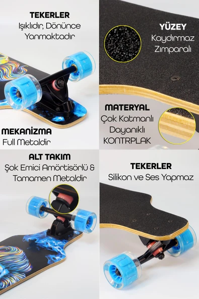 Kaykay + Koruyucu Set Silikon Teker Diz Dirsek El Koruma Seti Skeleton Model Zımparalı Skateboard - 4