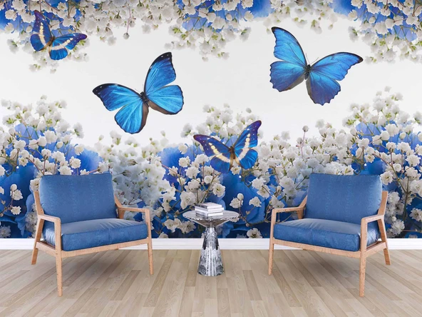 Mavi Beyaz Çiçek ve Kelebek Duvar Kağıdı Baskı - Resim 6