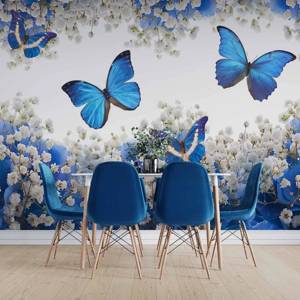 Mavi Beyaz Çiçek ve Kelebek Duvar Kağıdı Baskı - Resim 5