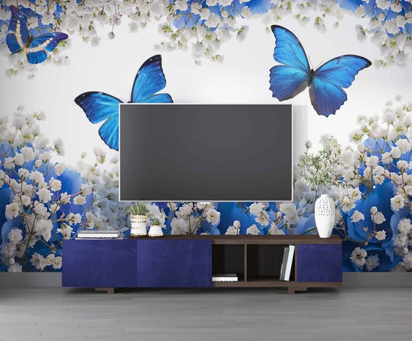 Mavi Beyaz Çiçek ve Kelebek Duvar Kağıdı Baskı - Resim 3