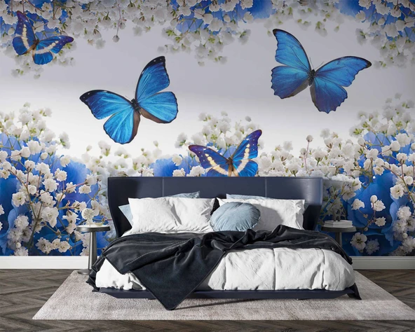 Mavi Beyaz Çiçek ve Kelebek Duvar Kağıdı Baskı - Resim 2