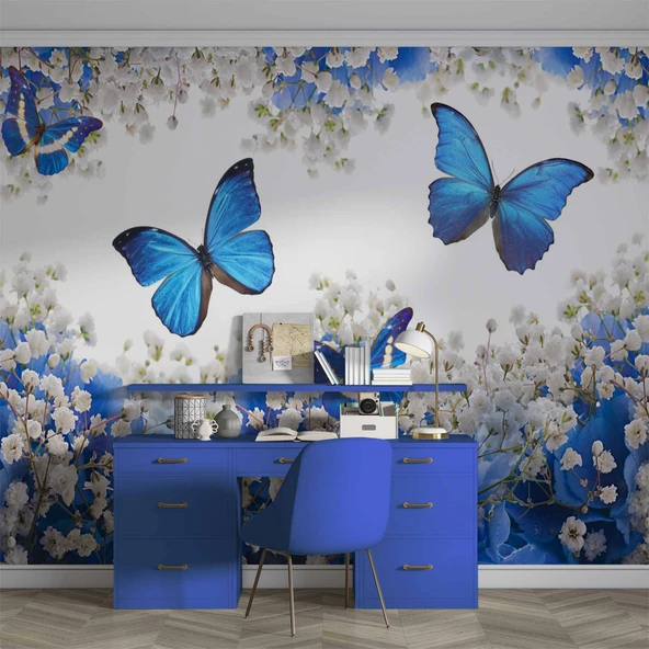 Mavi Beyaz Çiçek ve Kelebek Duvar Kağıdı Baskı - Resim 4