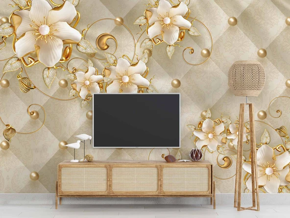 Soft çiçek ve inci Duvar Kağıdı Baskı - Resim 3